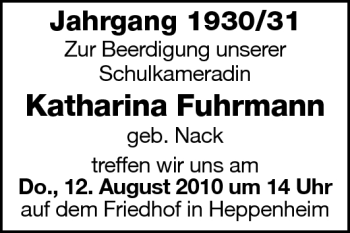 Traueranzeige von Katharina Fuhrmann von Starkenburger Echo