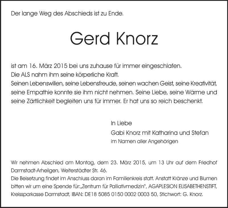  Traueranzeige für Gerd Knorz vom 21.03.2015 aus Echo-Zeitungen (Gesamtausgabe)