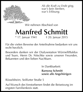 Traueranzeige von Manfred Schmitt von Rüsselsheimer Echo, Groß-Gerauer-Echo, Ried Echo