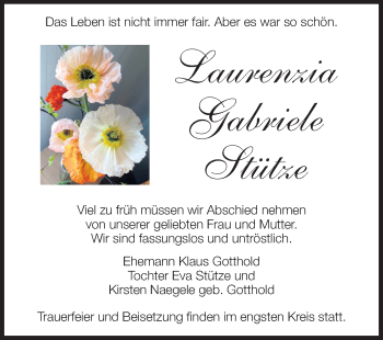 Traueranzeige von Laurenzia Gabriele Stütze von Echo-Zeitungen (Gesamtausgabe)