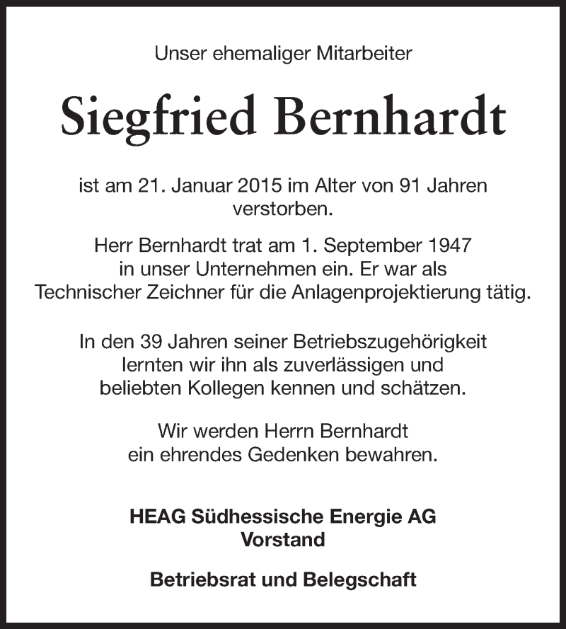  Traueranzeige für Siegfried Bernhardt vom 31.01.2015 aus Echo-Zeitungen (Gesamtausgabe)