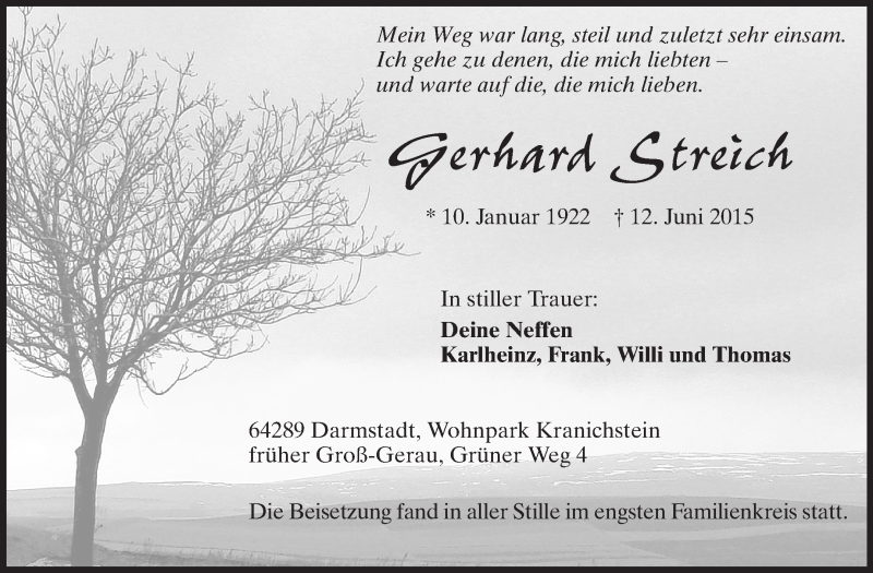  Traueranzeige für Gerhard Streich vom 23.06.2015 aus Rüsselsheimer Echo, Groß-Gerauer-Echo, Ried Echo