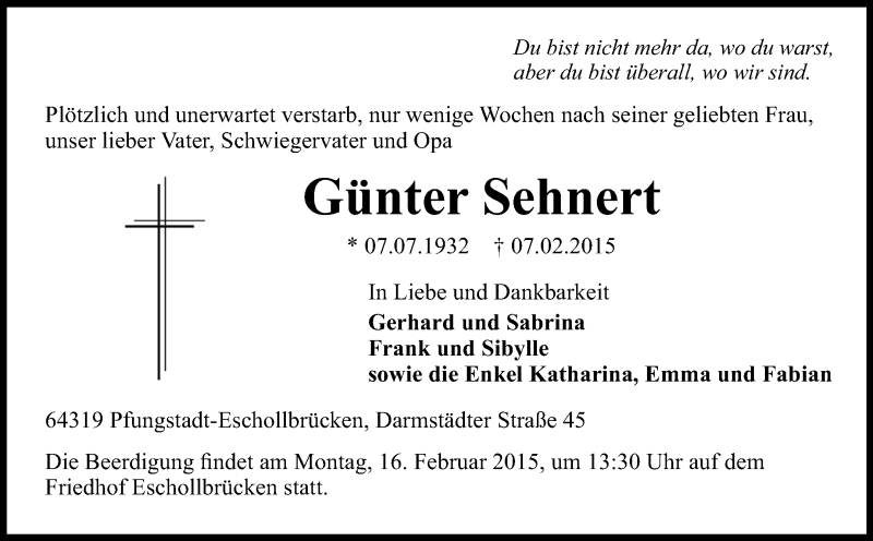  Traueranzeige für Günter Sehnert vom 14.02.2015 aus Echo-Zeitungen (Gesamtausgabe)