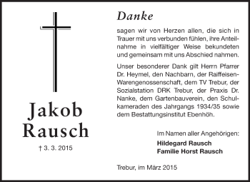 Traueranzeige von Jakob Rausch von Rüsselsheimer Echo, Groß-Gerauer-Echo, Ried Echo