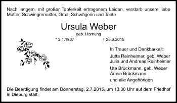 Traueranzeige von Ursula Weber von Echo-Zeitungen (Gesamtausgabe)