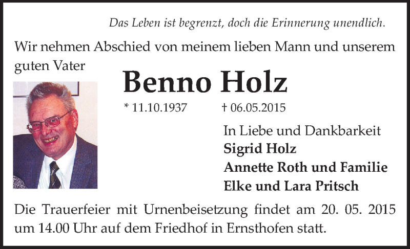  Traueranzeige für Benno Holz vom 16.05.2015 aus Darmstädter Echo, Odenwälder Echo, Rüsselsheimer Echo, Groß-Gerauer-Echo, Ried Echo