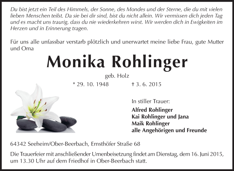  Traueranzeige für Monika Rohlinger vom 06.06.2015 aus Echo-Zeitungen (Gesamtausgabe)
