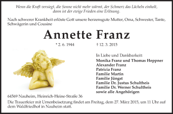 Traueranzeige von Annette Franz von Rüsselsheimer Echo, Groß-Gerauer-Echo, Ried Echo