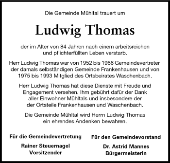 Traueranzeige von Ludwig Thomas von Darmstädter Echo, Odenwälder Echo, Rüsselsheimer Echo, Groß-Gerauer-Echo, Ried Echo