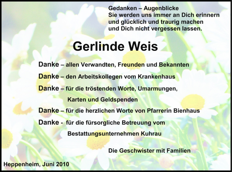  Traueranzeige für Gerlinde Weis vom 03.07.2010 aus Starkenburger Echo