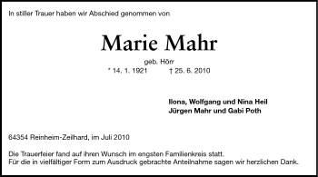 Traueranzeige von Marie Mahr von Darmstädter Echo, Odenwälder Echo, Rüsselsheimer Echo, Groß-Gerauer-Echo, Ried Echo