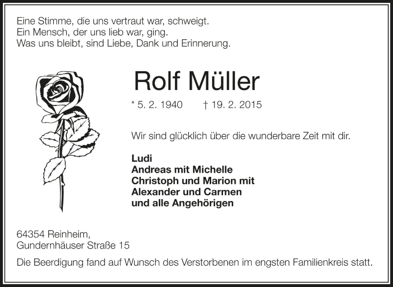  Traueranzeige für Rolf Müller vom 04.03.2015 aus Darmstädter Echo