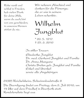 Traueranzeige von Wilhelm Jungblut von Odenwälder Echo
