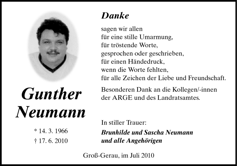 Traueranzeige für Gunther Neumann vom 03.07.2010 aus Rüsselsheimer Echo, Groß-Gerauer-Echo, Ried Echo