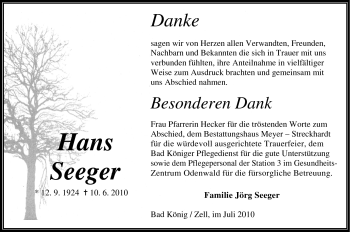 Traueranzeige von Hans Seeger von Odenwälder Echo