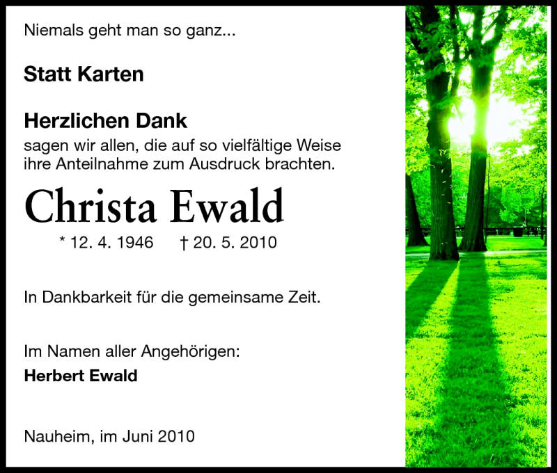  Traueranzeige für Christa Ewald vom 03.07.2010 aus Darmstädter Echo, Odenwälder Echo, Rüsselsheimer Echo, Groß-Gerauer-Echo, Ried Echo