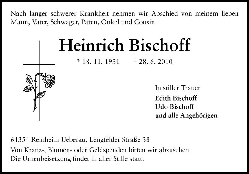  Traueranzeige für Heinrich Bischoff vom 03.07.2010 aus Darmstädter Echo, Odenwälder Echo, Rüsselsheimer Echo, Groß-Gerauer-Echo, Ried Echo