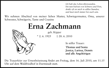 Traueranzeige von Erna Zachmann von Darmstädter Echo, Odenwälder Echo, Rüsselsheimer Echo, Groß-Gerauer-Echo, Ried Echo