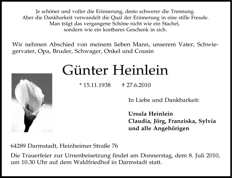  Traueranzeige für Günter Heinlein vom 03.07.2010 aus Darmstädter Echo, Odenwälder Echo, Rüsselsheimer Echo, Groß-Gerauer-Echo, Ried Echo