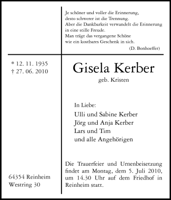 Traueranzeige von Gisela Kerber von Darmstädter Echo, Odenwälder Echo, Rüsselsheimer Echo, Groß-Gerauer-Echo, Ried Echo