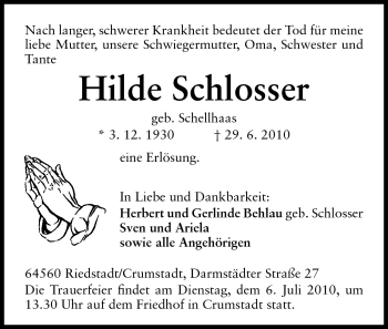 Traueranzeige von Hilde Schlosser von Rüsselsheimer Echo, Groß-Gerauer-Echo, Ried Echo