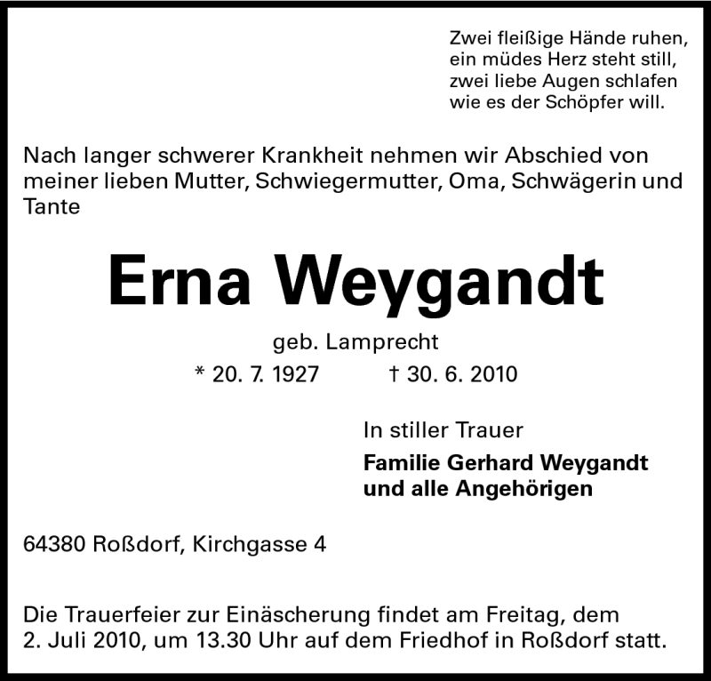 Traueranzeige für Erna Weygandt vom 01.07.2010 aus Echo-Zeitungen (Gesamtausgabe)