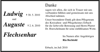 Traueranzeige von Ludwig + Auguste Flechsenhaar von Odenwälder Echo