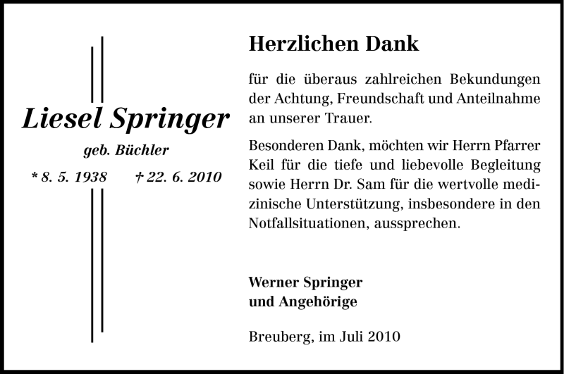  Traueranzeige für Liesel Springer vom 03.07.2010 aus Odenwälder Echo