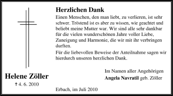 Traueranzeige von Helene Zöller von Odenwälder Echo