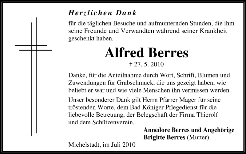  Traueranzeige für Alfred Berres vom 03.07.2010 aus Odenwälder Echo