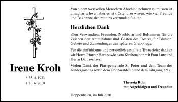 Traueranzeige von Irene Kroh von Starkenburger Echo