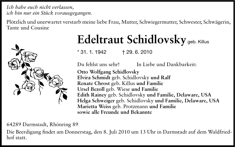  Traueranzeige für Edeltraut Schidlovsky vom 03.07.2010 aus Echo-Zeitungen (Gesamtausgabe)