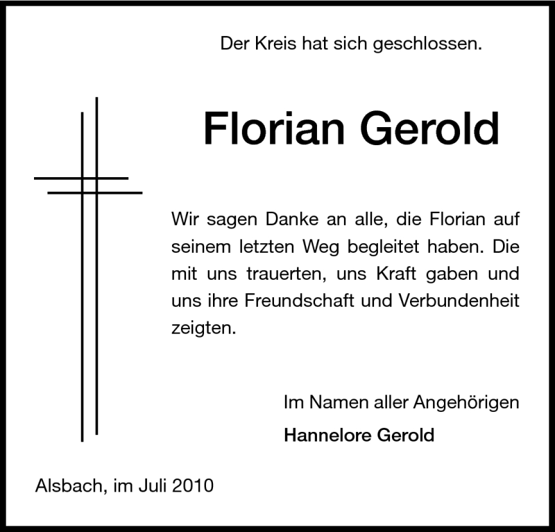  Traueranzeige für Florian Gerold vom 03.07.2010 aus Echo-Zeitungen (Gesamtausgabe)