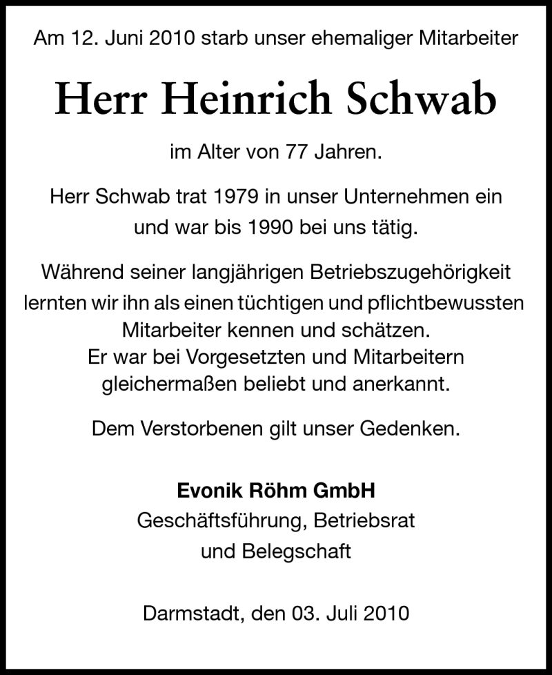  Traueranzeige für Heinrich Schwab vom 03.07.2010 aus Darmstädter Echo, Odenwälder Echo, Rüsselsheimer Echo, Groß-Gerauer-Echo, Ried Echo