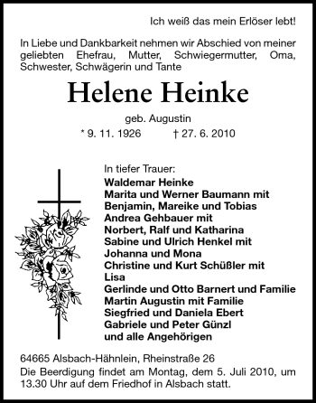 Traueranzeige von Helene Heinke von Echo-Zeitungen (Gesamtausgabe)