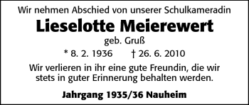 Traueranzeige von Lieselotte Meierewert von Rüsselsheimer Echo, Groß-Gerauer-Echo, Ried Echo