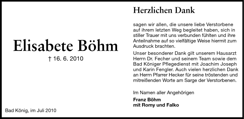  Traueranzeige für Elisabete Böhm vom 10.07.2010 aus Echo-Zeitungen (Gesamtausgabe)