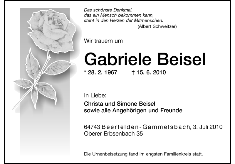  Traueranzeige für Gabriele Beisel vom 03.07.2010 aus Odenwälder Echo