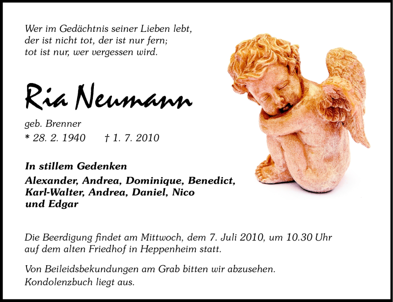  Traueranzeige für Ria Neumann vom 03.07.2010 aus Starkenburger Echo, Bergsträßer Anzeiger