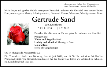 Traueranzeige von Gertrude Sand von Darmstädter Echo, Odenwälder Echo, Rüsselsheimer Echo, Groß-Gerauer-Echo, Ried Echo