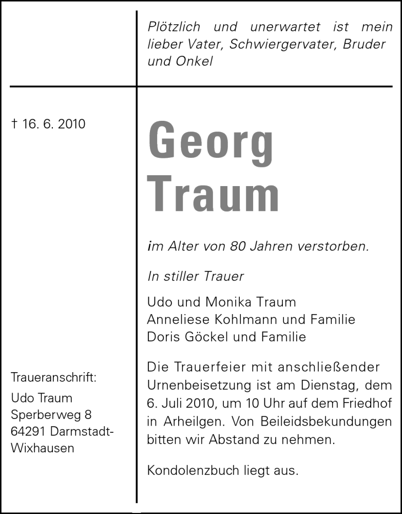  Traueranzeige für Georg Traum vom 03.07.2010 aus Echo-Zeitungen (Gesamtausgabe)