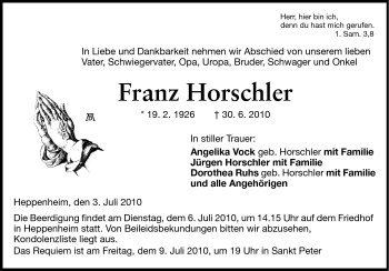 Traueranzeige von Franz Horschler von Starkenburger Echo