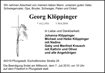Traueranzeige von Georg Klöppinger von Echo-Zeitungen (Gesamtausgabe)