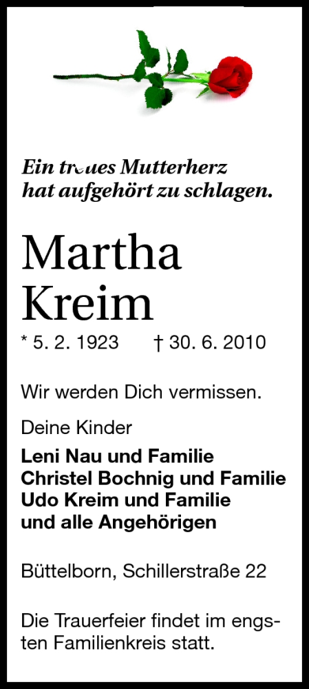  Traueranzeige für Martha Kreim vom 03.07.2010 aus Rüsselsheimer Echo, Groß-Gerauer-Echo, Ried Echo