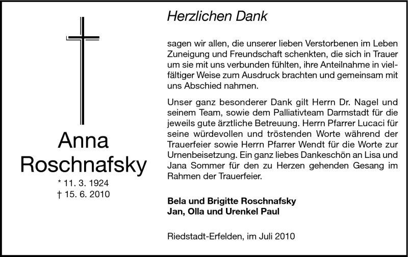  Traueranzeige für Anna Roschnafsky vom 03.07.2010 aus Rüsselsheimer Echo, Groß-Gerauer-Echo, Ried Echo