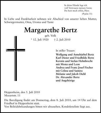 Traueranzeige von Margarethe Bertz von Starkenburger Echo