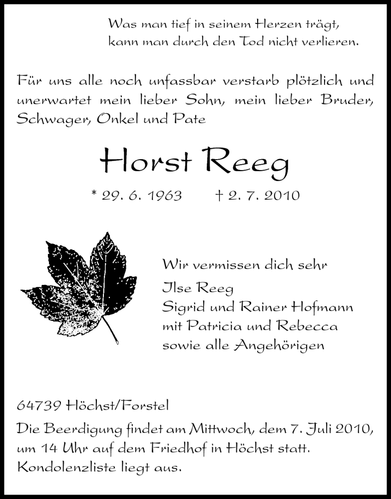  Traueranzeige für Horst Reeg vom 05.07.2010 aus Odenwälder Echo