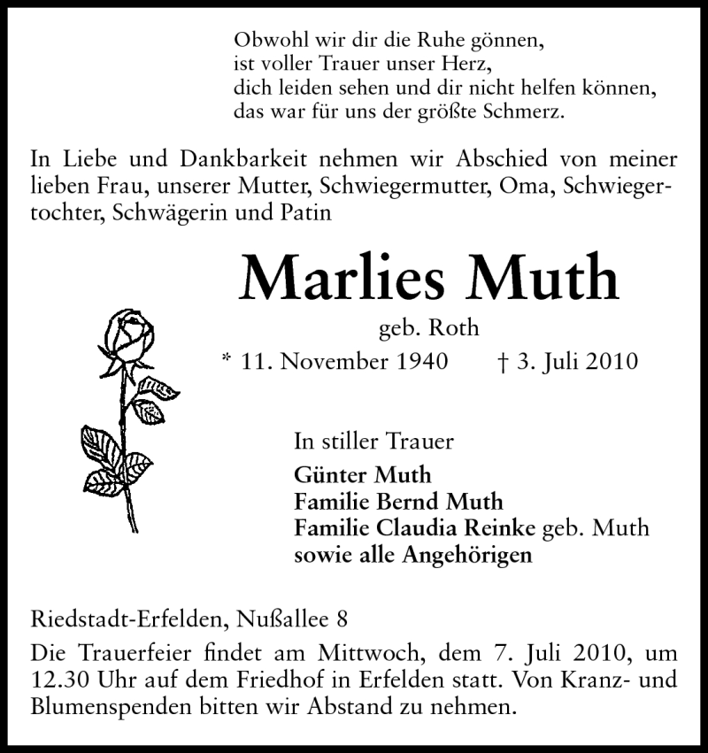  Traueranzeige für Marlies Muth vom 05.07.2010 aus Rüsselsheimer Echo, Groß-Gerauer-Echo, Ried Echo