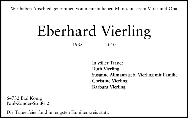  Traueranzeige für Eberhard Vierling vom 10.07.2010 aus Echo-Zeitungen (Gesamtausgabe)