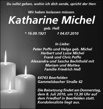 Traueranzeige von Katharine Michel von Odenwälder Echo